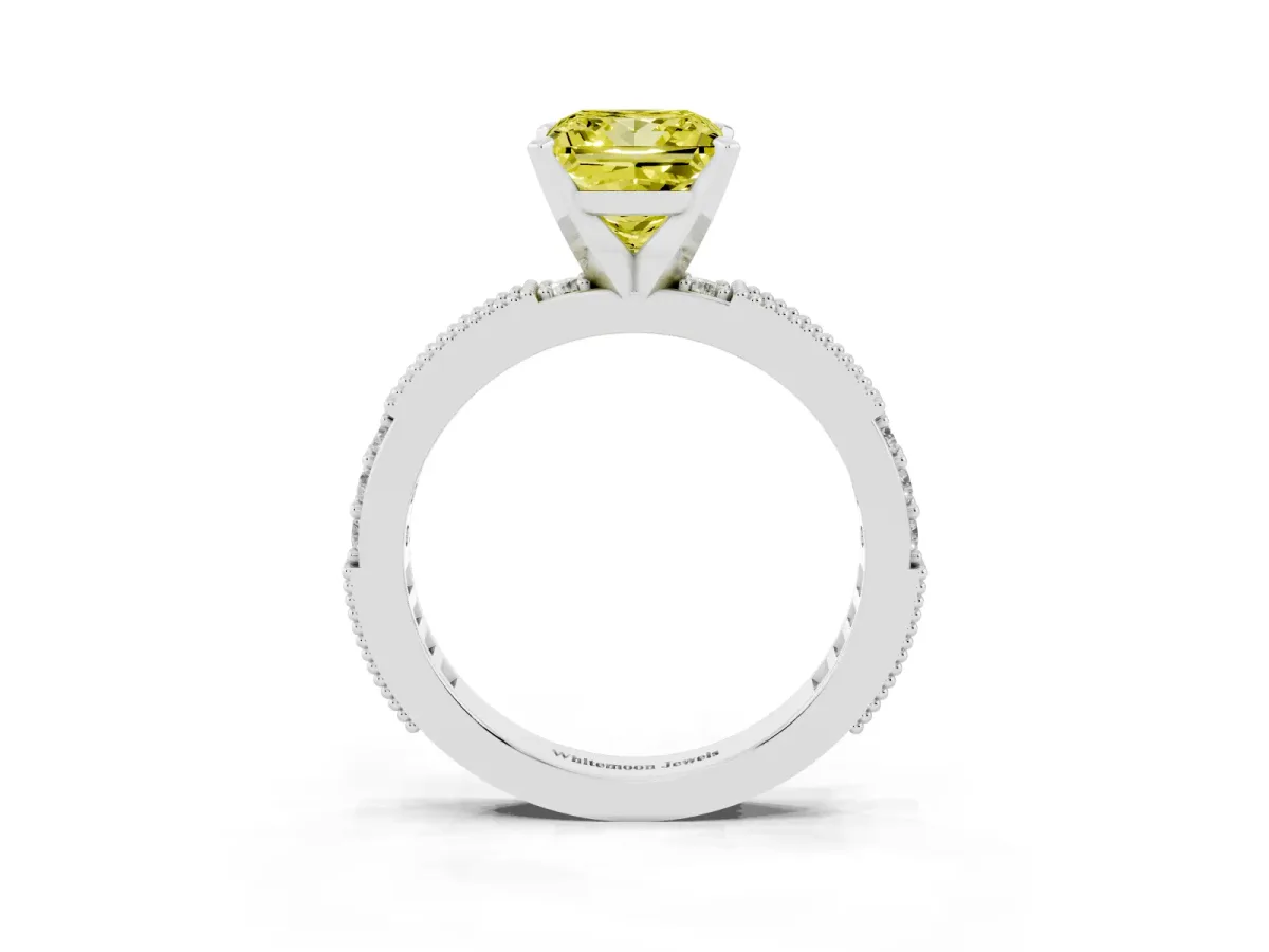 Fancy Yellow Princess Cut Solitaire with Pavé Band and Four-Prong Setting Silver