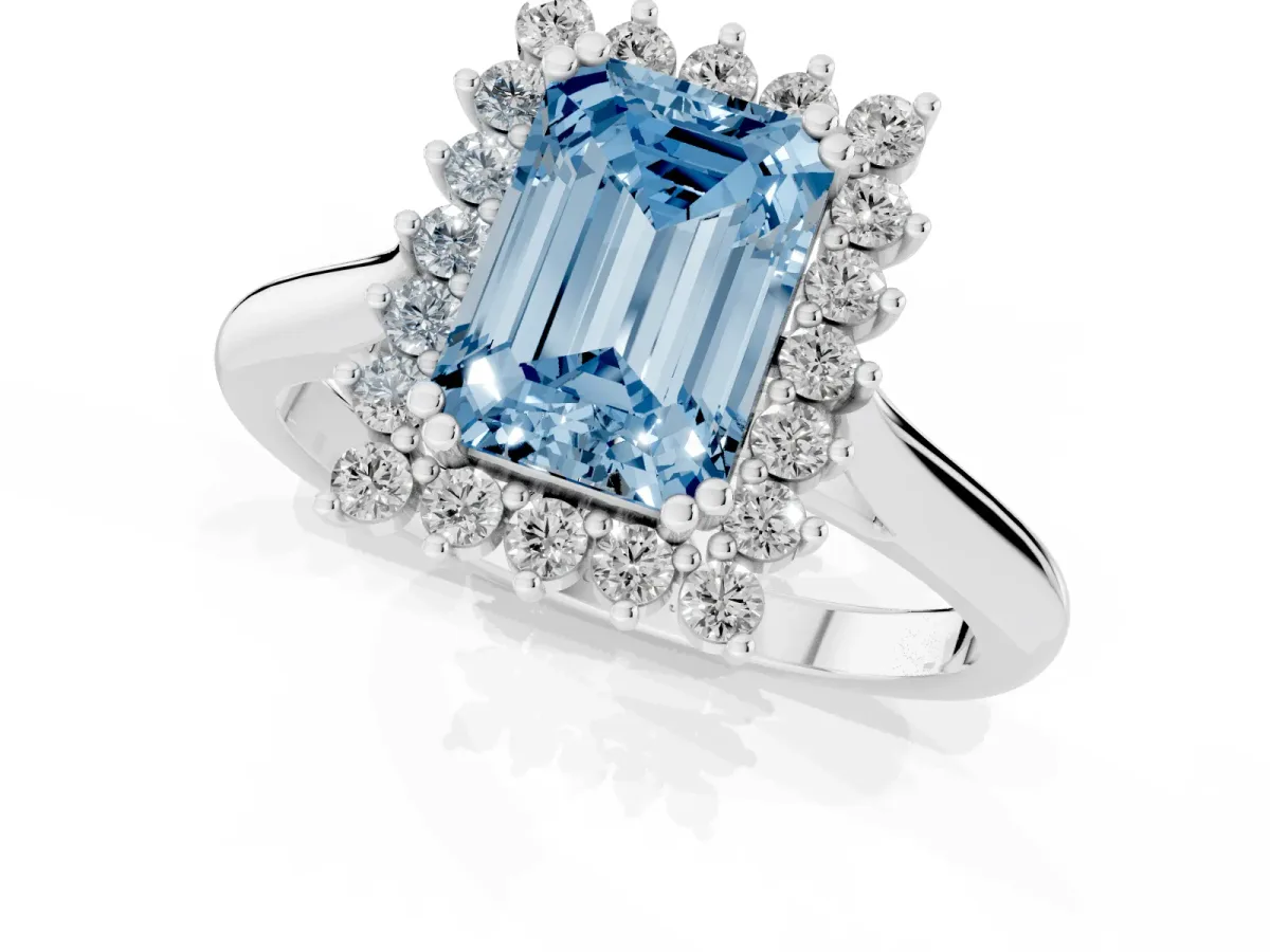 Fancy Blue Emerald Cut Cut Diamond Halo Ring with Solitaire Band and Prong Setting Silver