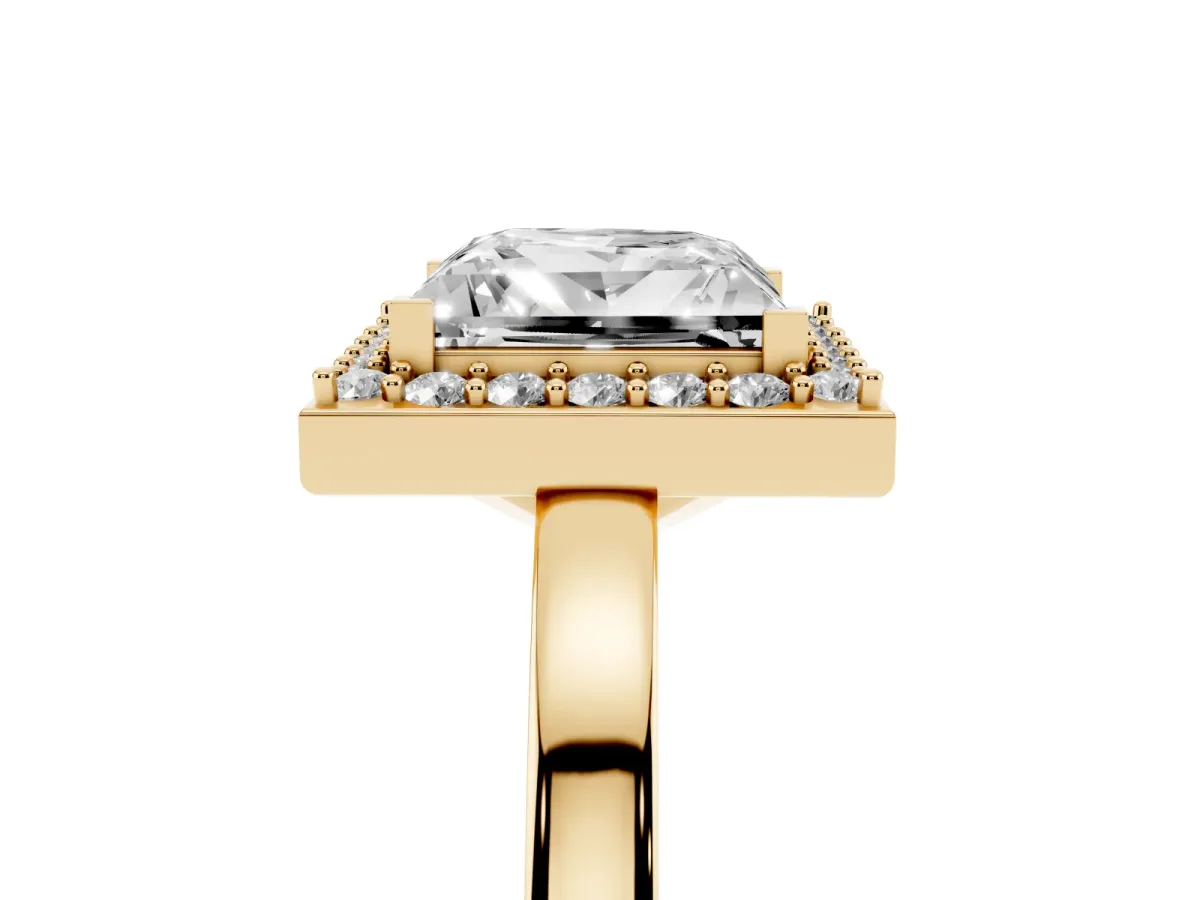Princess Cut Halo Diamond Ring with Solitaire Band and Prong Setting Yellow gold
