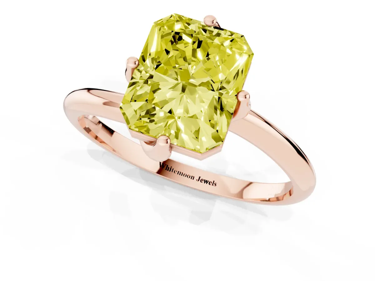Fancy Yellow Radiant Cut Diamond Solitaire Engagement Ring with Four-Prong Setting and Classic Band Rose gold