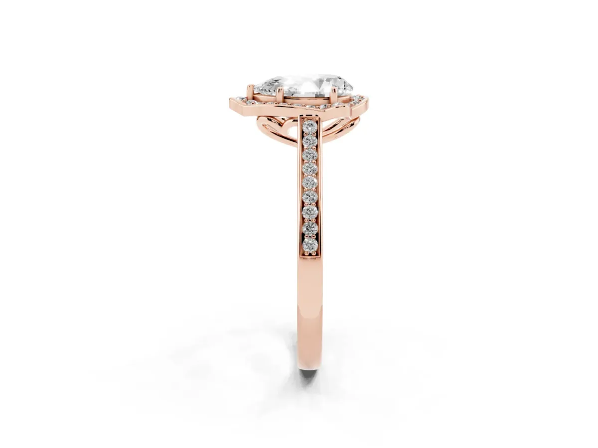 Pear Cut Halo Round Diamond Pave Band with Four-Prong Setting Rose gold