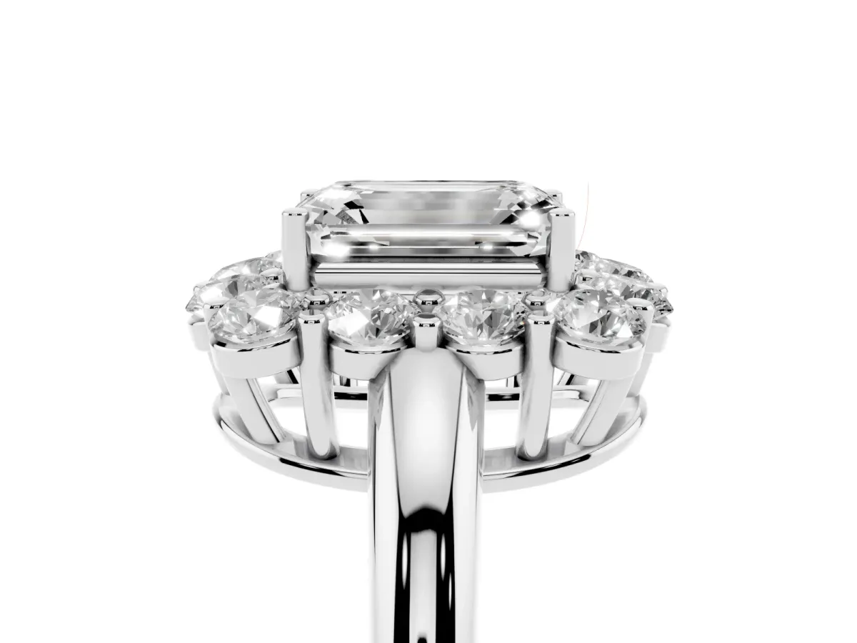 Emerald Cut Halo Cluster Diamond Engagement Ring with Prong Setting and Polished Band Silver
