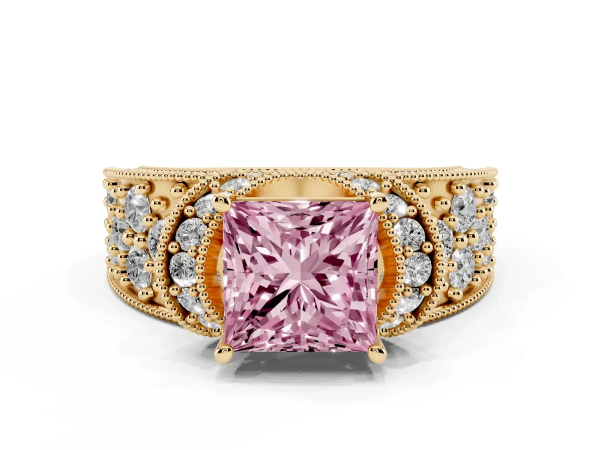 Fancy Pink Princess Cut Halo Pave Diamond Engagement Ring with Milgrain Detailing Yellow gold