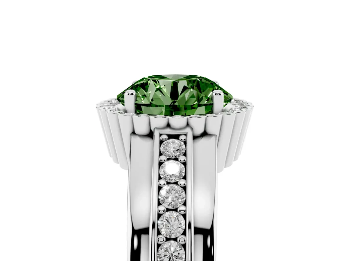 Fancy Green Round Cut Cut Halo Pave Band Four-Prong Ring Platinum