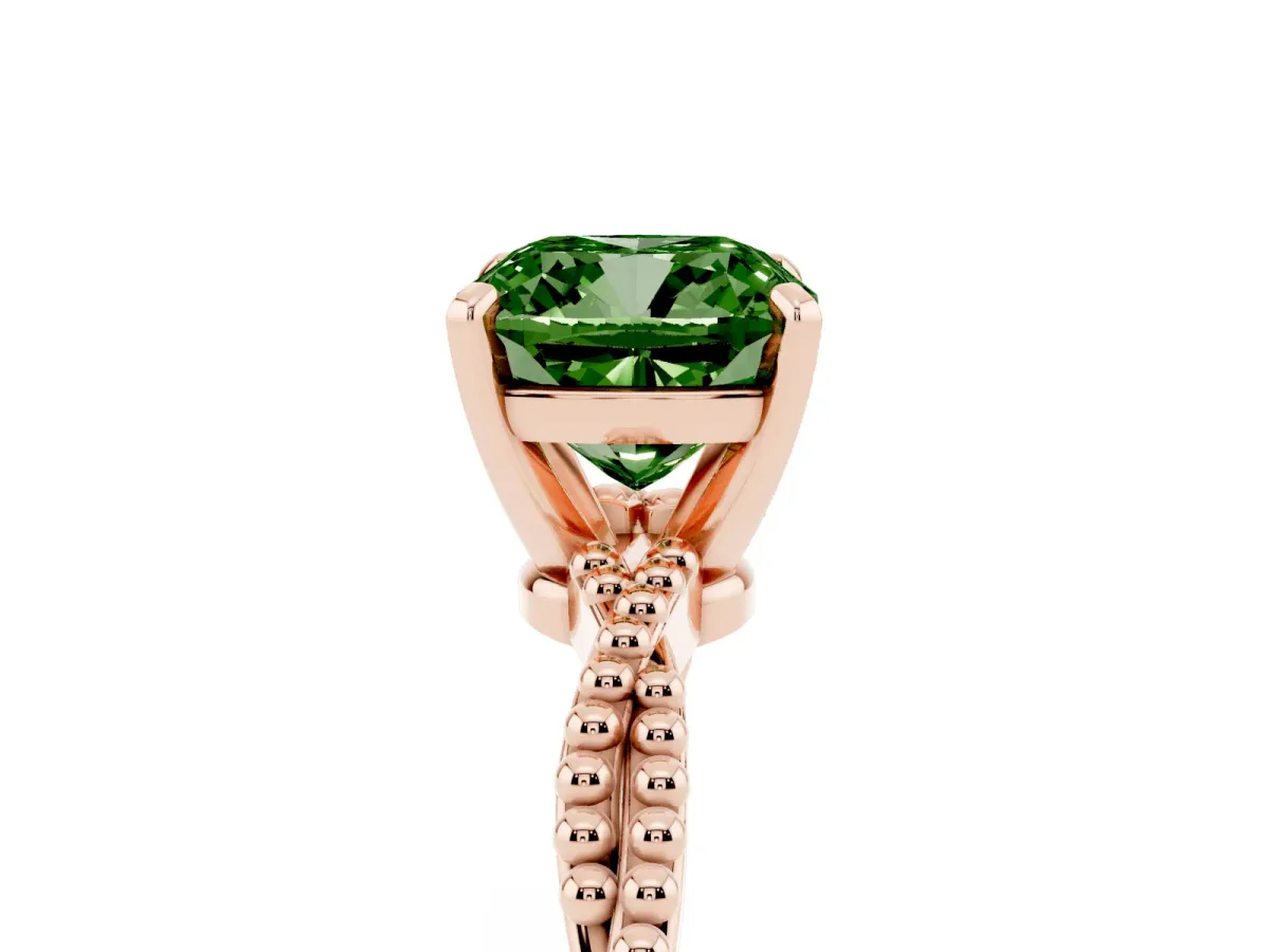 Fancy Green Cushion Cut Solitaire Twisted Band with Bead Prong Setting Rose gold