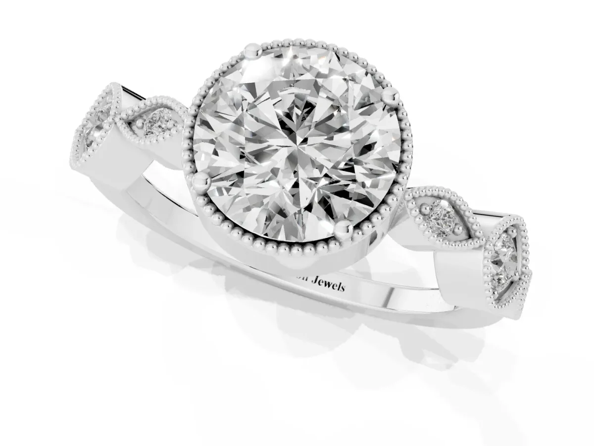 Round Cut Diamond Vintage Milgrain Ring with Round Stations Platinum