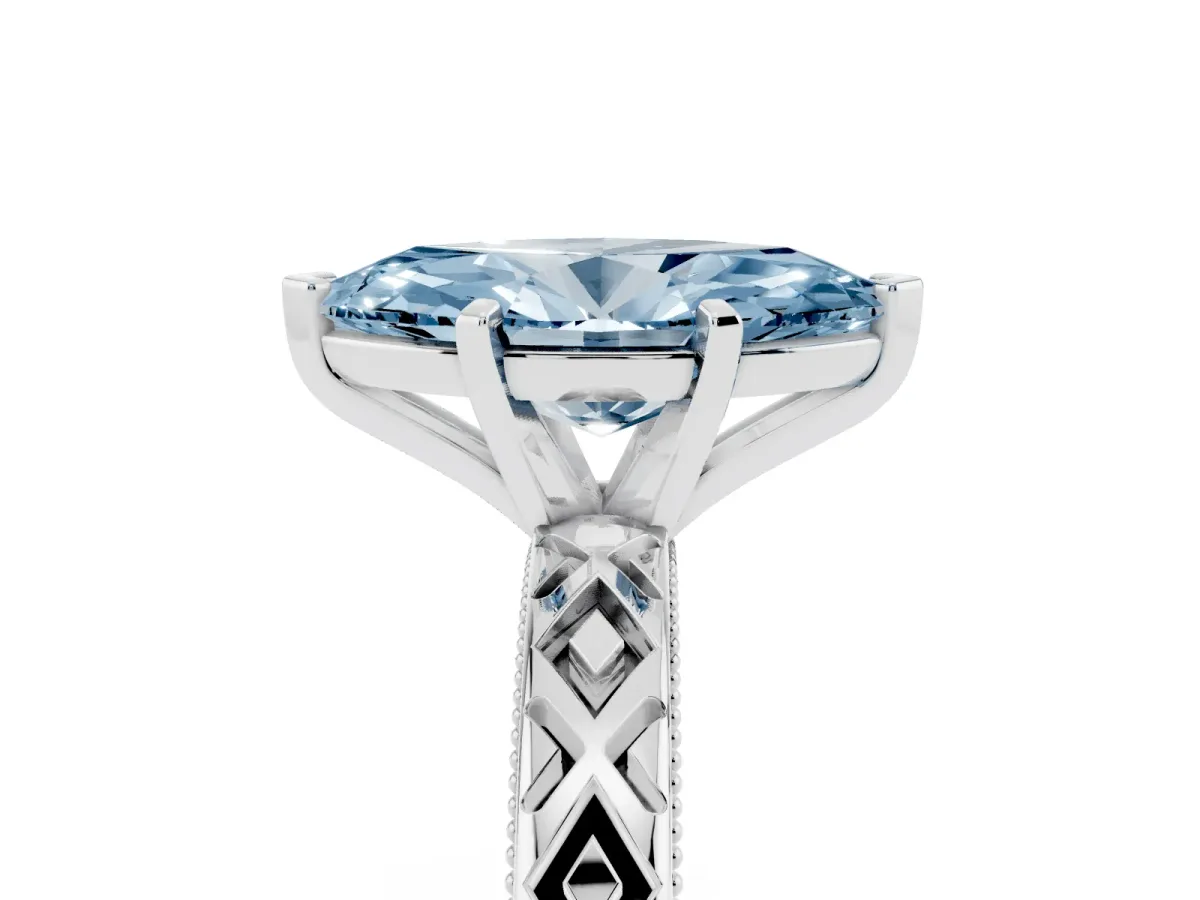 Fancy Blue Marquise Cut Solitaire Diamond Ring with Milgrain and Black Enamel X Pattern Band Platinum