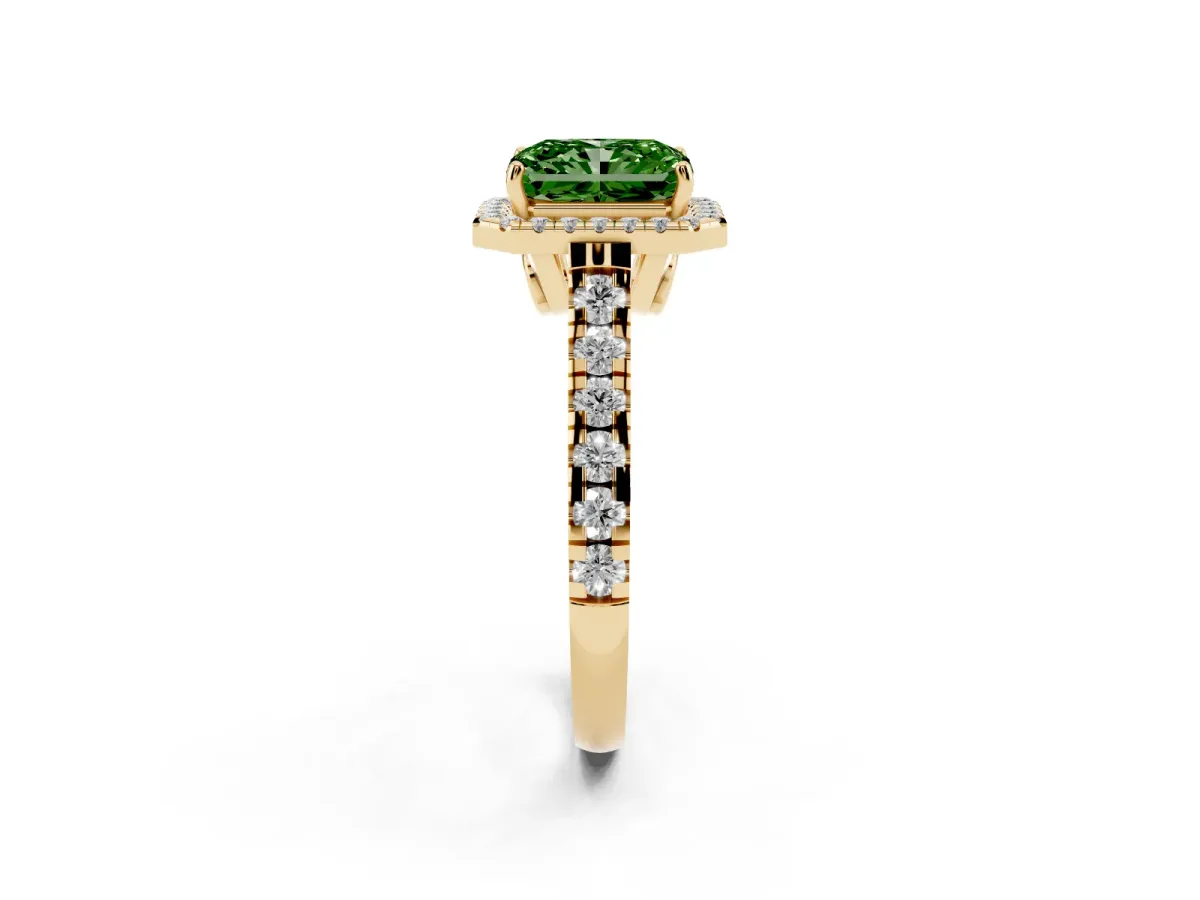 Fancy Green Radiant Cut Halo Pavé Diamond Engagement Ring with Four-Prong Setting Yellow gold