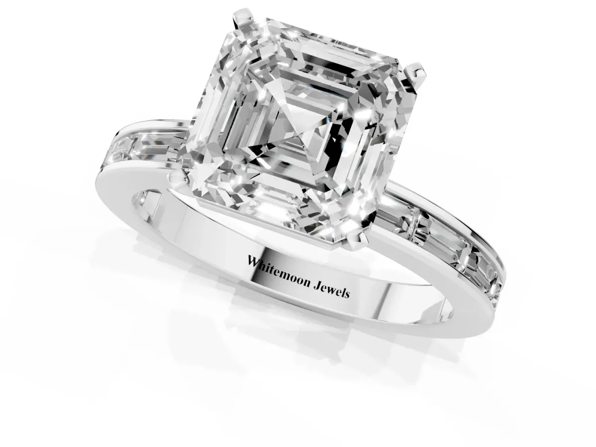 Asscher Cut Solitaire Diamond Ring with Channel-Set Baguette Band and Four-Prong Setting White gold