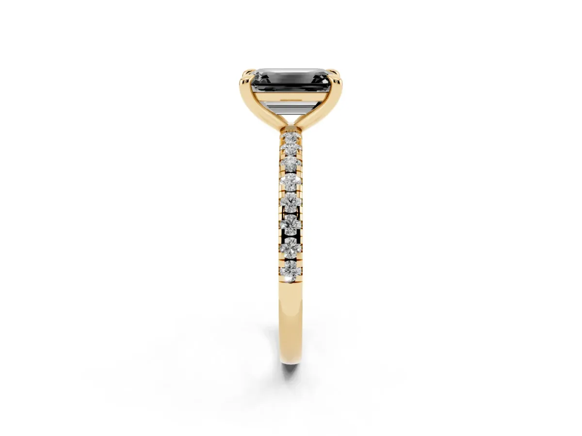 Fancy Black Emerald Cut Diamond Brilliant Solitaire Ring with Pavé Band and Four-Prong Setting Yellow gold