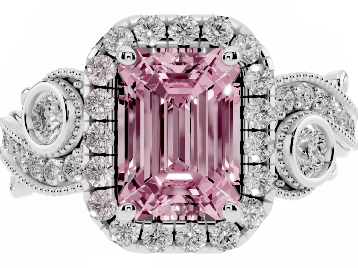 Fancy Pink Emerald Cut Halo Diamond Ring with Milgrain and Bezel Accents on a Split Shank Band White gold