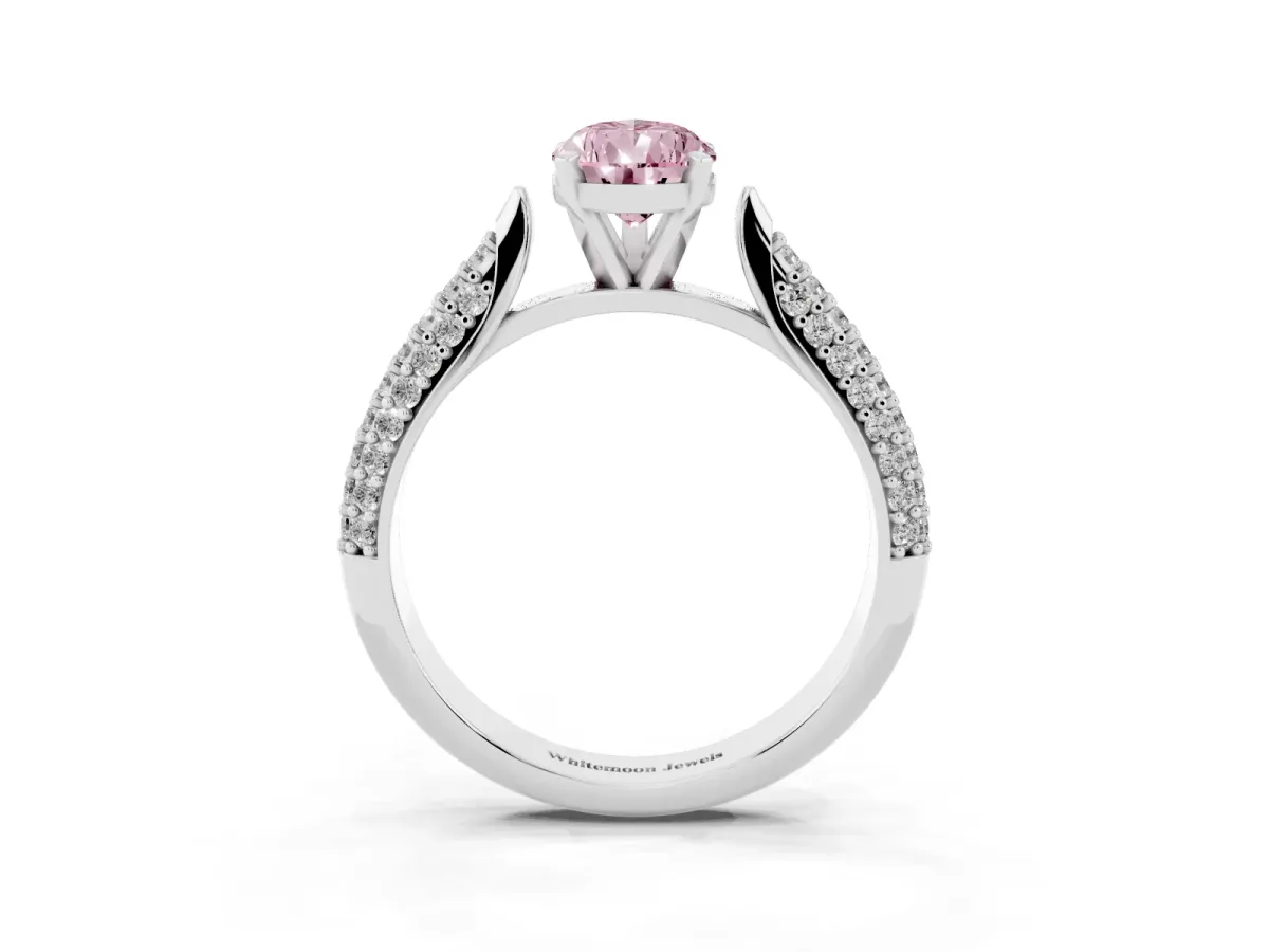 Fancy Pink Pear Cut Diamond Solitaire Engagement Ring with Multi-Row Round Pavé Band and Prong Setting Silver