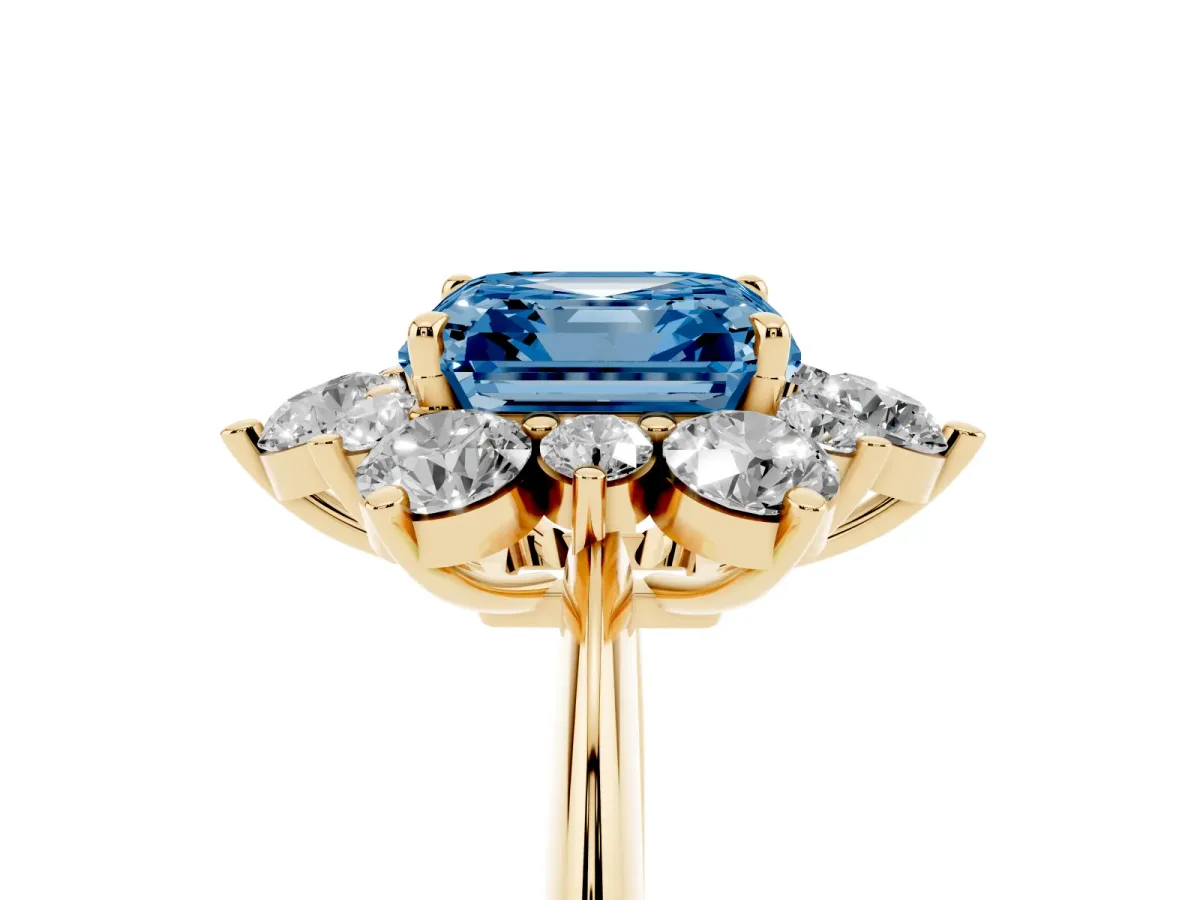 Fancy Blue Asscher Cut Diamond Cluster Halo Ring with Solitaire Band and Four-Prong Setting Yellow gold