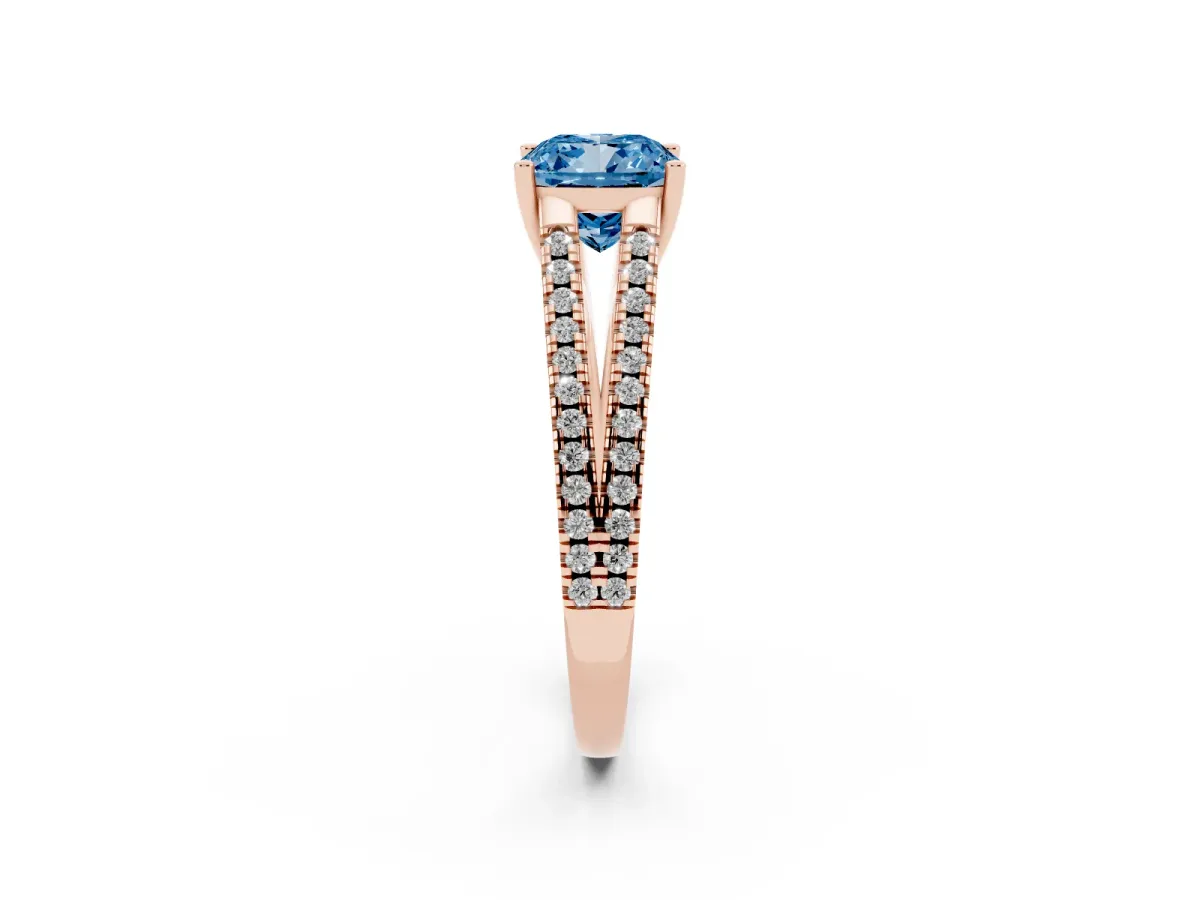 Fancy Blue Cushion Cut Diamond Solitaire Engagement Ring with Split Shank Pavé Band Rose gold