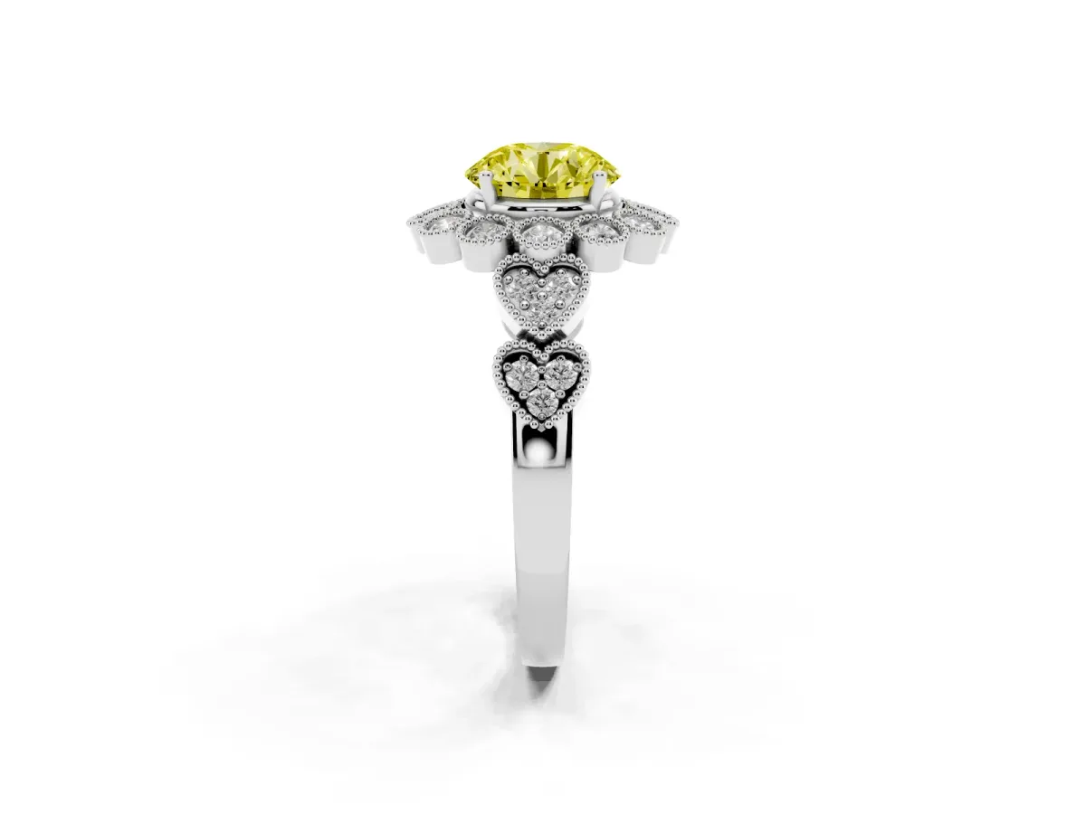 Fancy Yellow Round Cut Brilliant Milgrain Pave Heart Band Solitaire Ring Silver