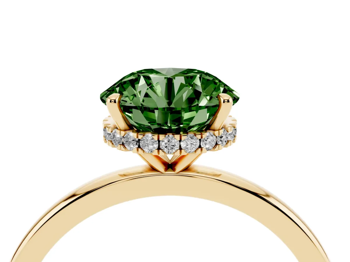 Fancy Green Round Cut Solitaire Engagement Ring with Cathedral Band and Four-Prong Setting Yellow gold