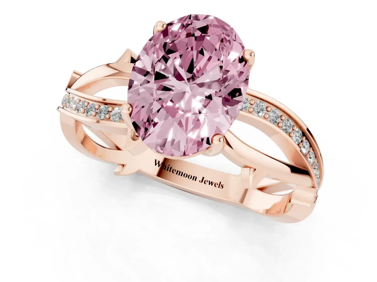 Fancy Pink Oval Cut Solitaire Twist Band with Pavé Accents and Four-Prong Setting Rose gold