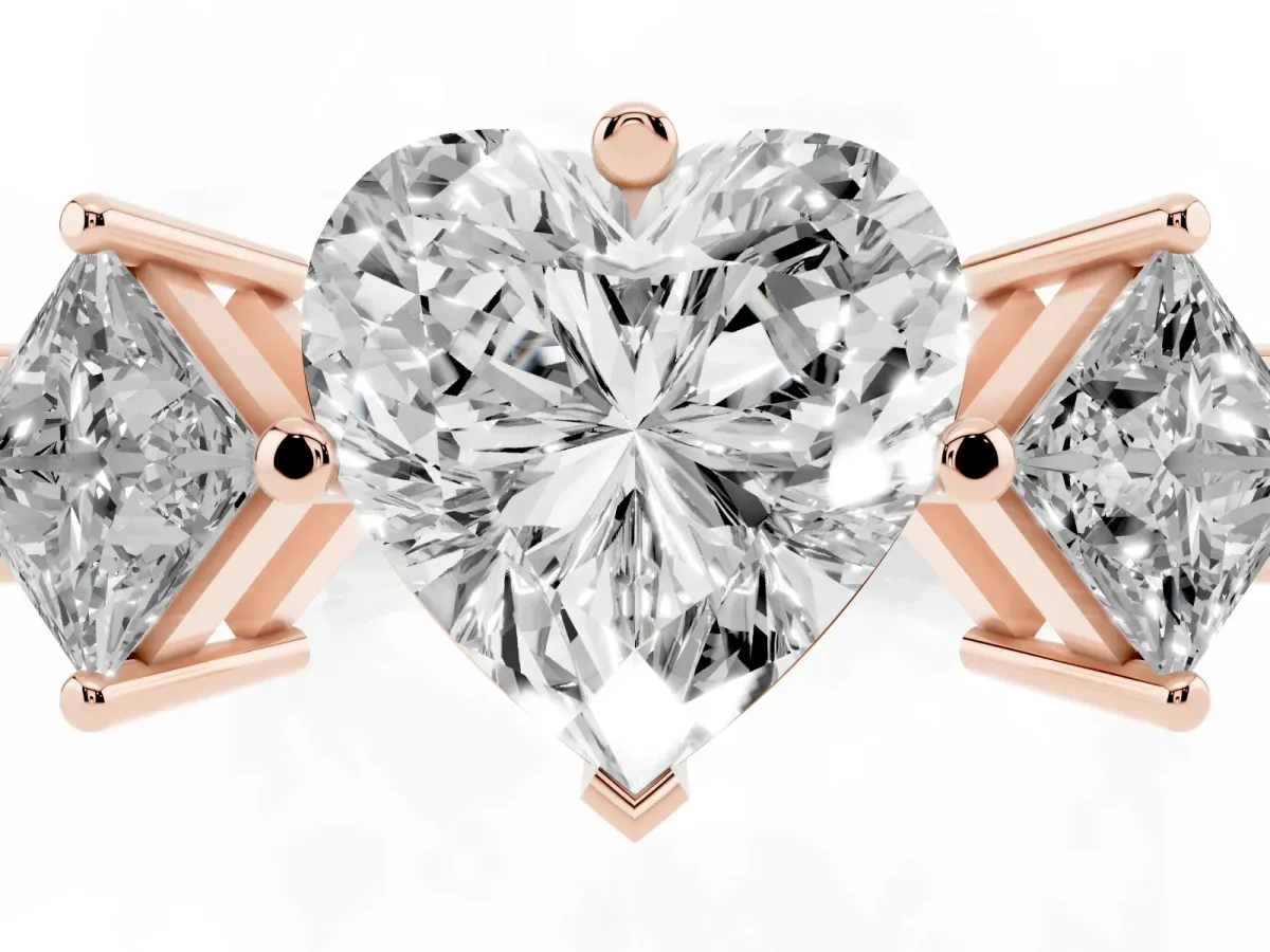 Three-Stone Heart Cut and Princess Cut Diamond Ring with Channel Band and Four-Prong Setting Rose gold