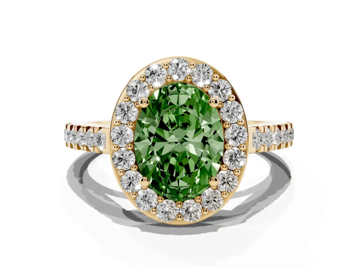 Fancy Green Oval Cut Diamond Halo Ring with Round Pavé Split Shank and Prong Setting Yellow gold