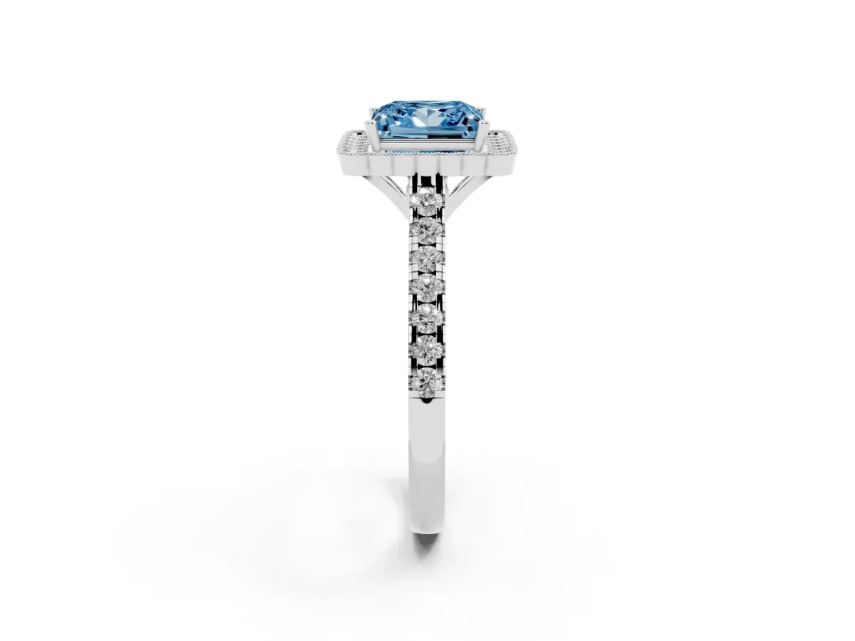Fancy Blue Princess Cut Cut Diamond Milgrain Floral Halo Engagement Ring with Pavé Band Platinum