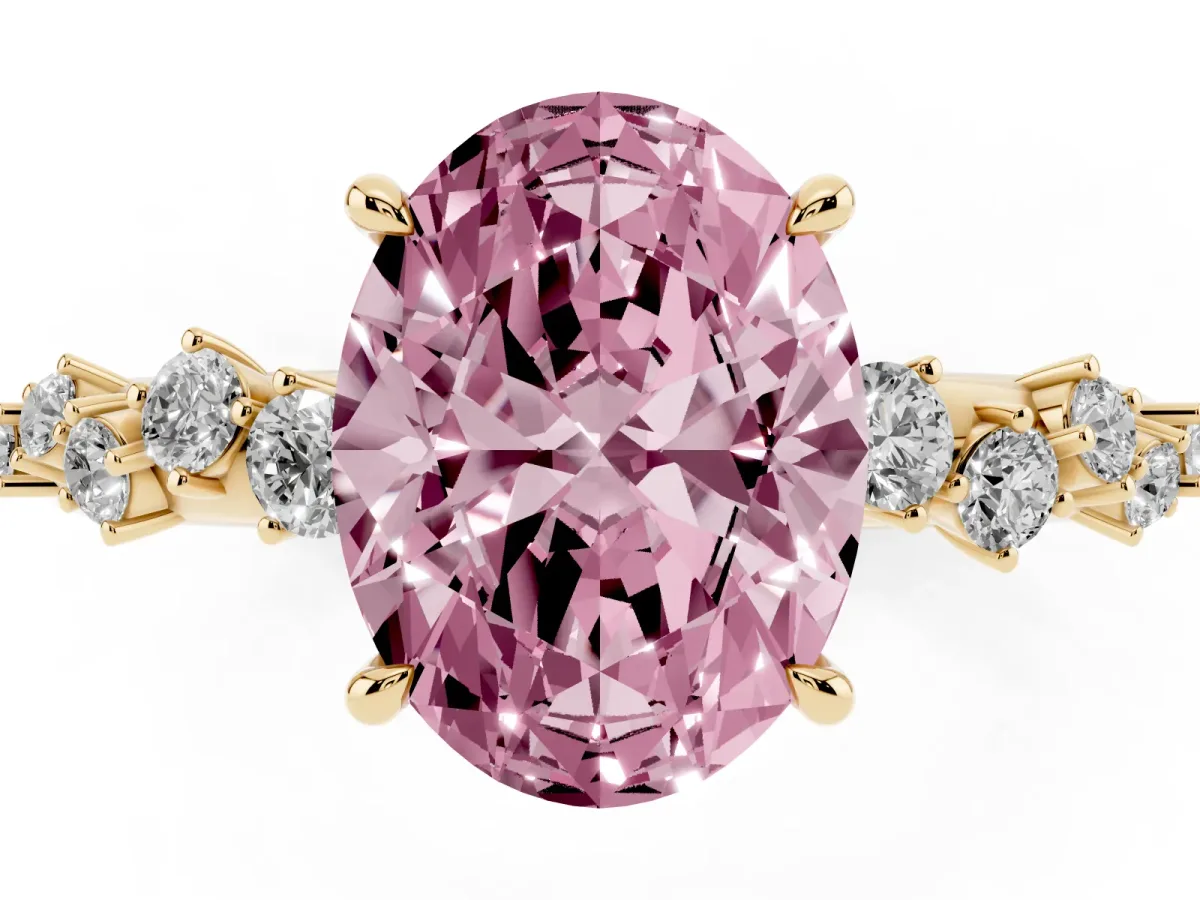 Fancy Pink Oval Cut Diamond Cluster Side Stone Solitaire Ring with Prong Setting Yellow gold
