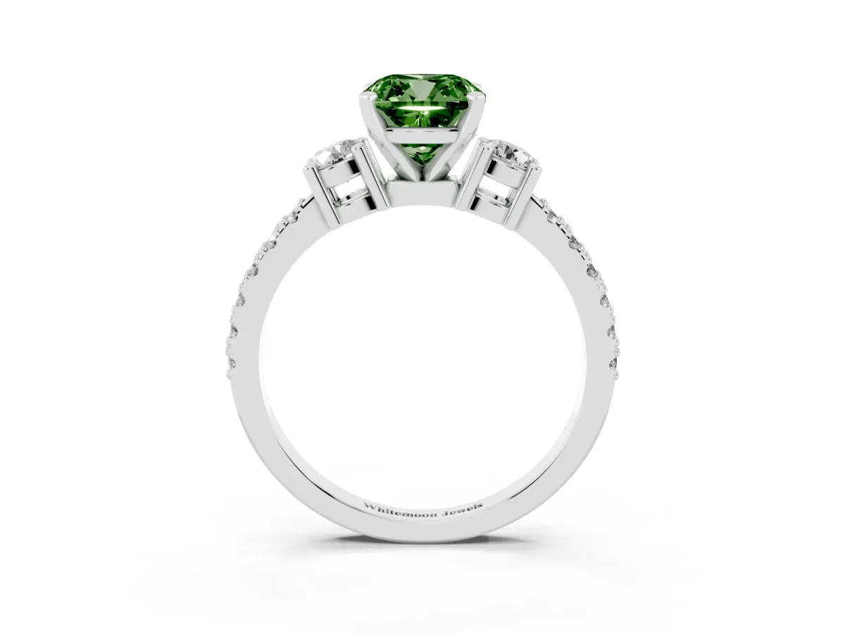 Fancy Green Cushion Cut Three-Stone Diamond Pavé Band with Prong Setting Silver