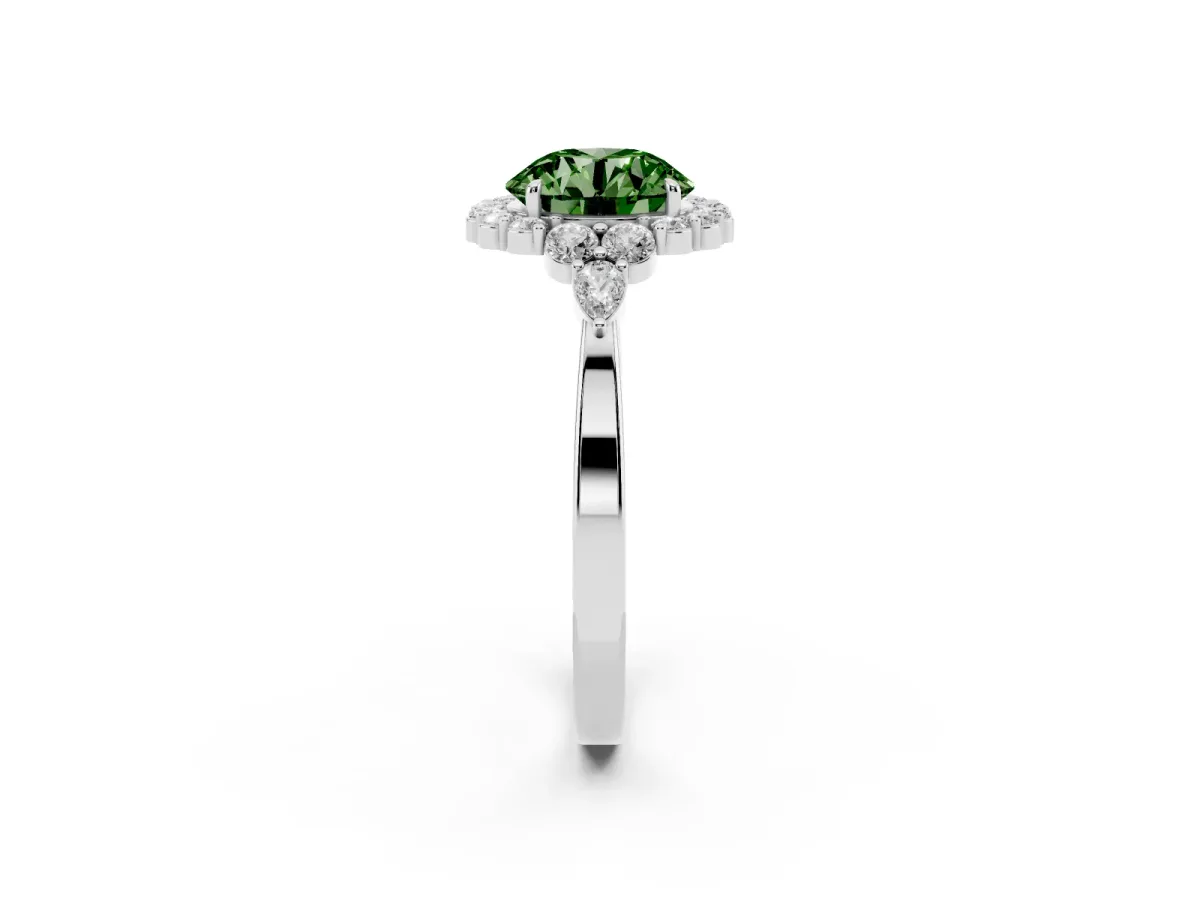 Fancy Green Round Cut Diamond Halo Ring with Pear Side Stones and Prong Setting Silver