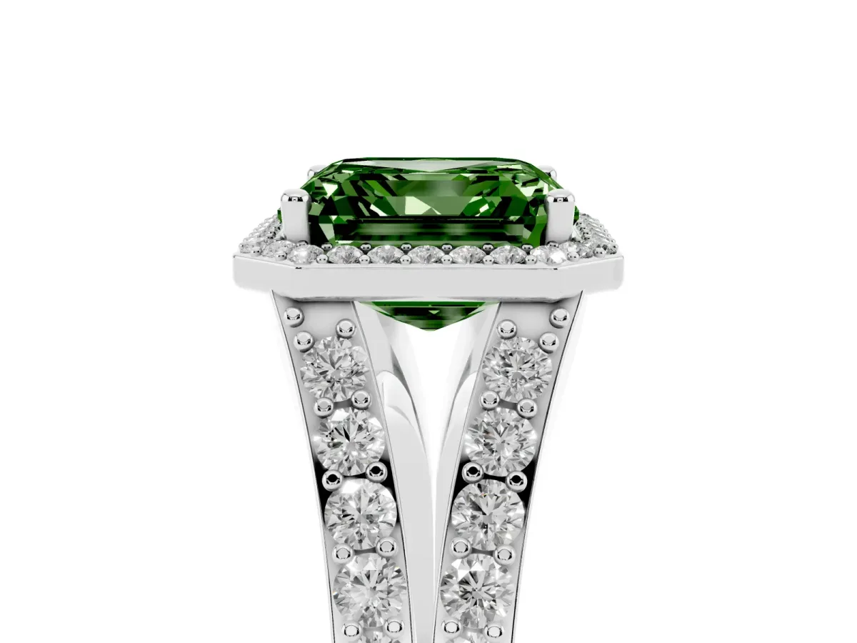 Fancy Green Asscher Cut Diamond Split Shank Halo Ring with Four-Prong Setting Platinum