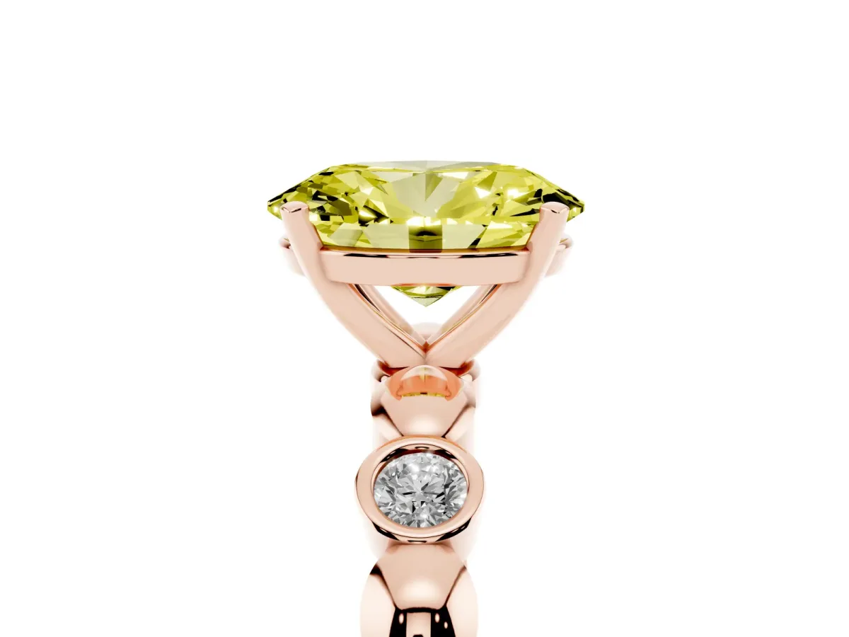 Fancy Yellow Oval Cut Solitaire Bezel-Set Diamond Ring with Beaded Band and Four-Prong Setting Rose gold