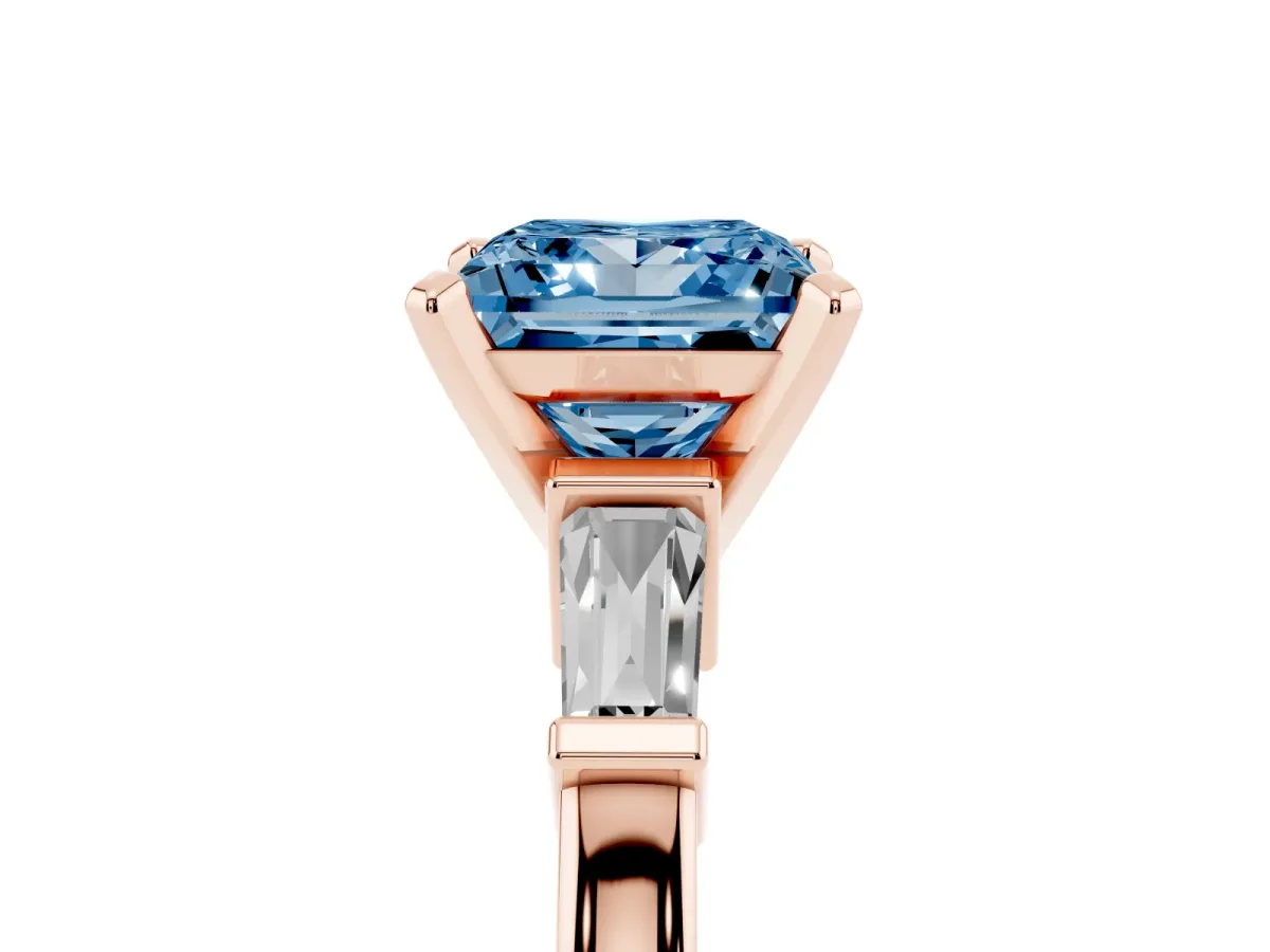Fancy Blue Princess Cut Cut Diamond Solitaire Ring with Tapered Baguette Accents and Four-Prong Setting Rose gold