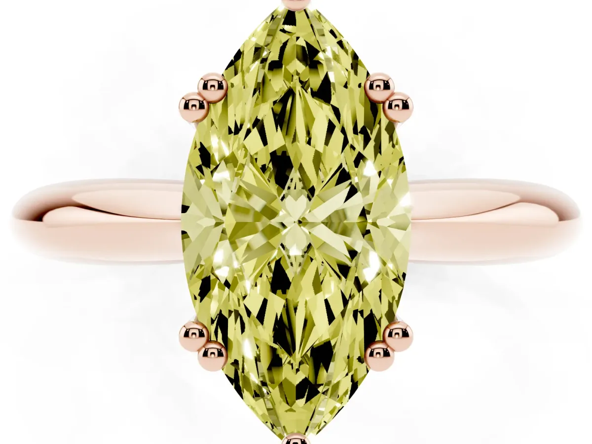 Fancy Yellow Marquise Cut Cut Solitaire Engagement Ring with Tapered Band and Four-Prong Setting Rose gold