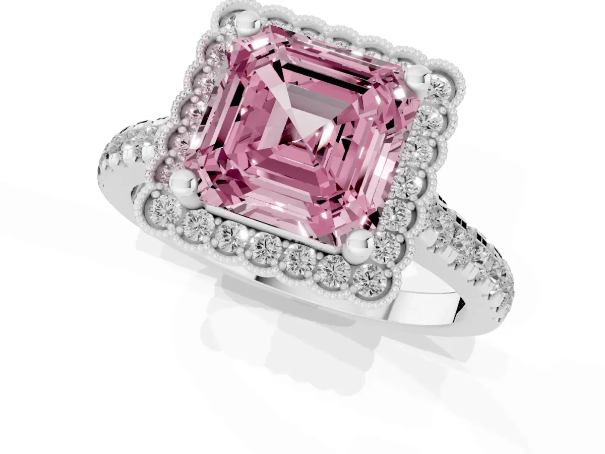 Fancy Pink Asscher Cut Cut Diamond Milgrain Floral Halo Engagement Ring with Pavé Band Silver