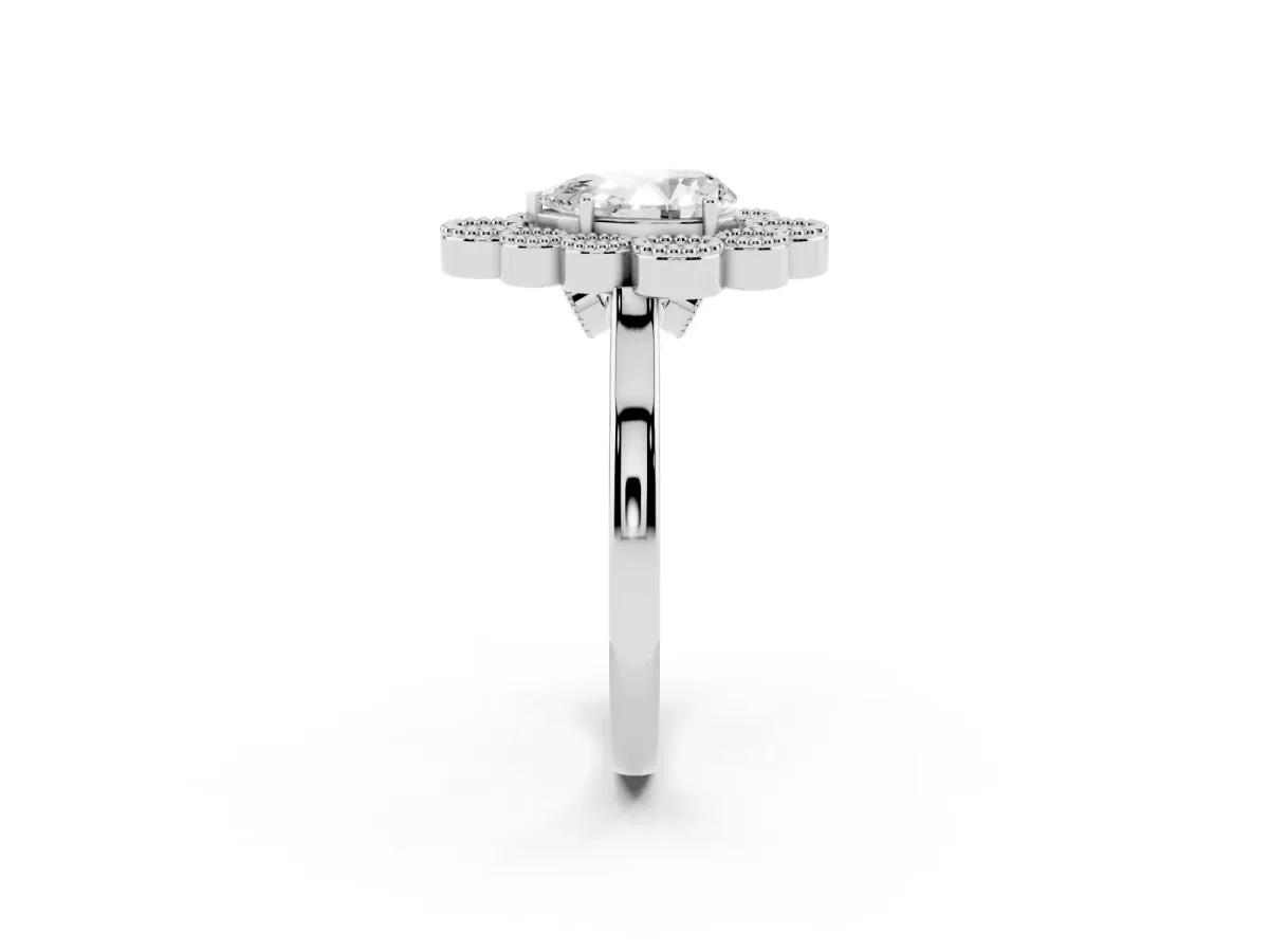 Pear Cut Halo Diamond Cluster Engagement Ring with Milgrain Bezel Setting and Solitaire Band Platinum
