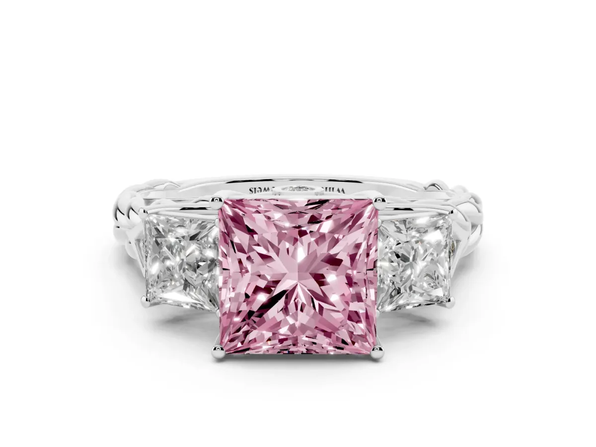 Fancy Pink Three-Stone Princess Cut Diamond Braided Band Ring with Four-Prong Setting Platinum