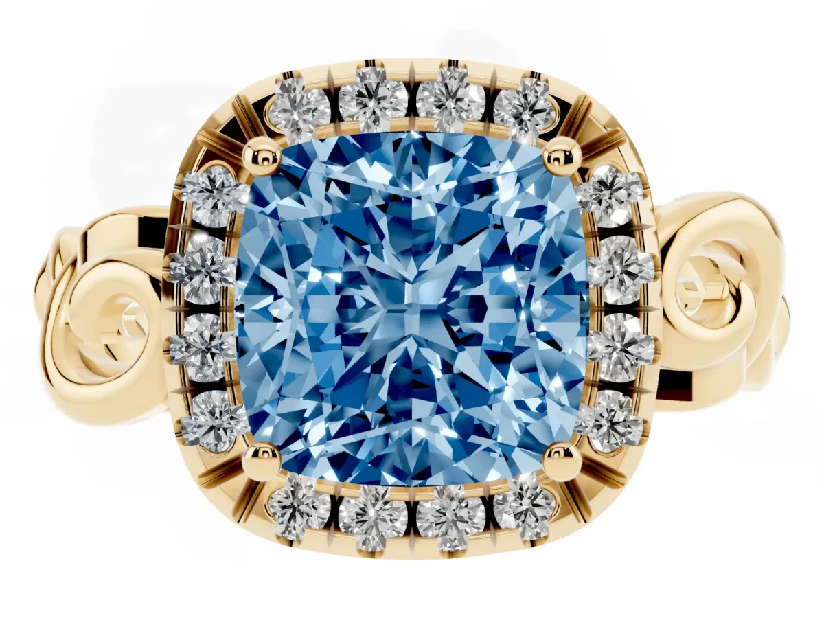 Fancy Blue Cushion Cut Cut Halo Diamond Ring with Scrollwork Band and Four-Prong Setting Yellow gold