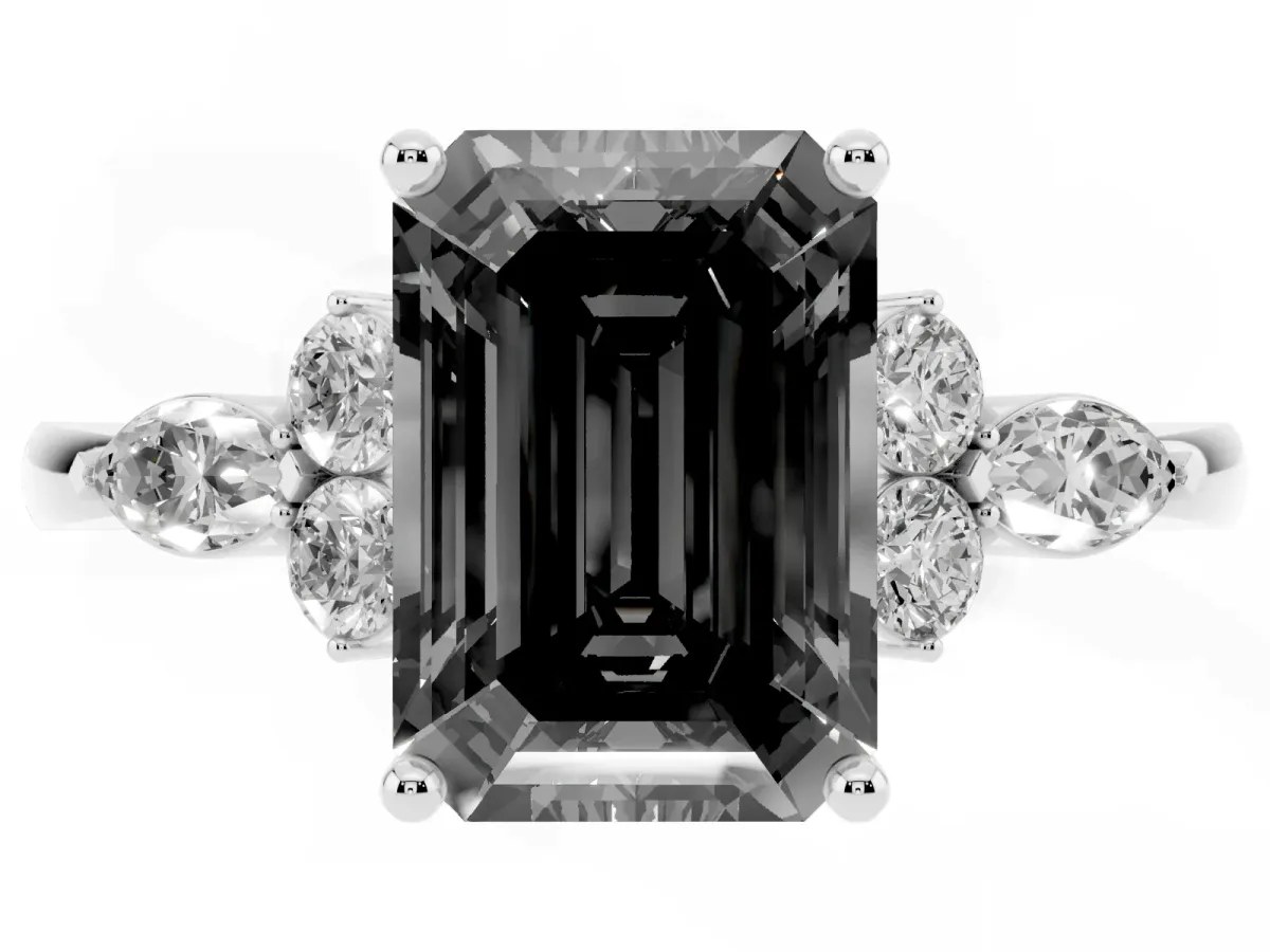 Fancy Black Emerald Cut Brilliant Diamond Solitaire Ring with Pear Side Stones and Four-Prong Setting Silver
