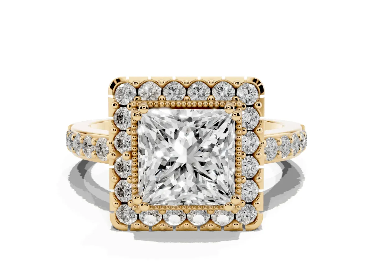 Princess Cut Diamond Halo Ring with Pavé Band and Prong Setting Yellow gold