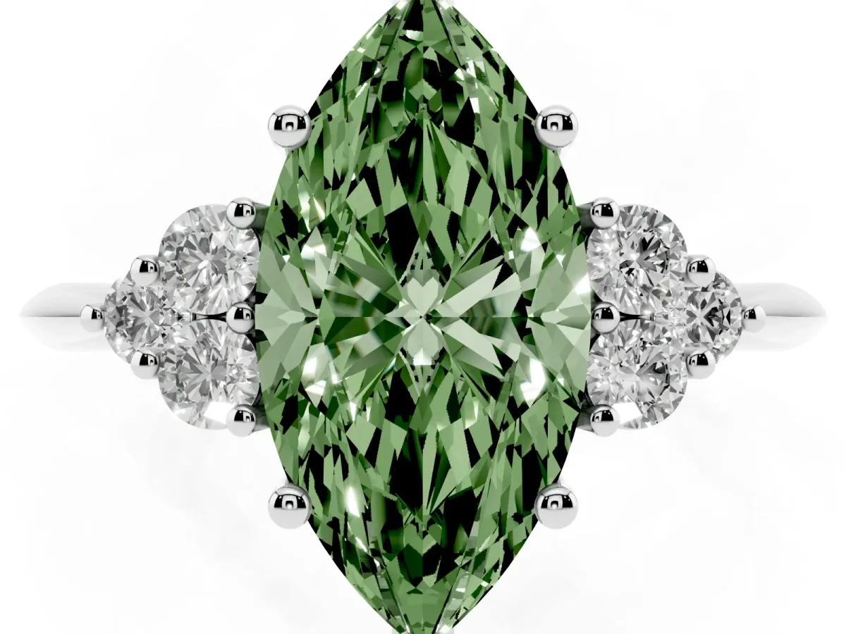 Fancy Green Marquise Cut Cut Diamond Cluster Ring with Solitaire Band and Four-Prong Setting Silver