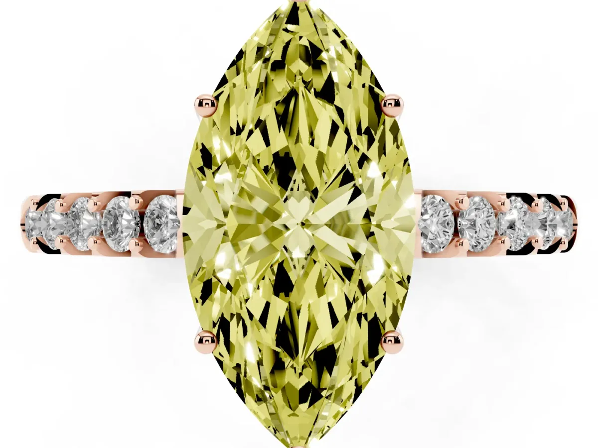 Fancy Yellow Marquise Cut Solitaire Diamond Engagement Ring with Pavé Band and Six-Prong Setting Rose gold