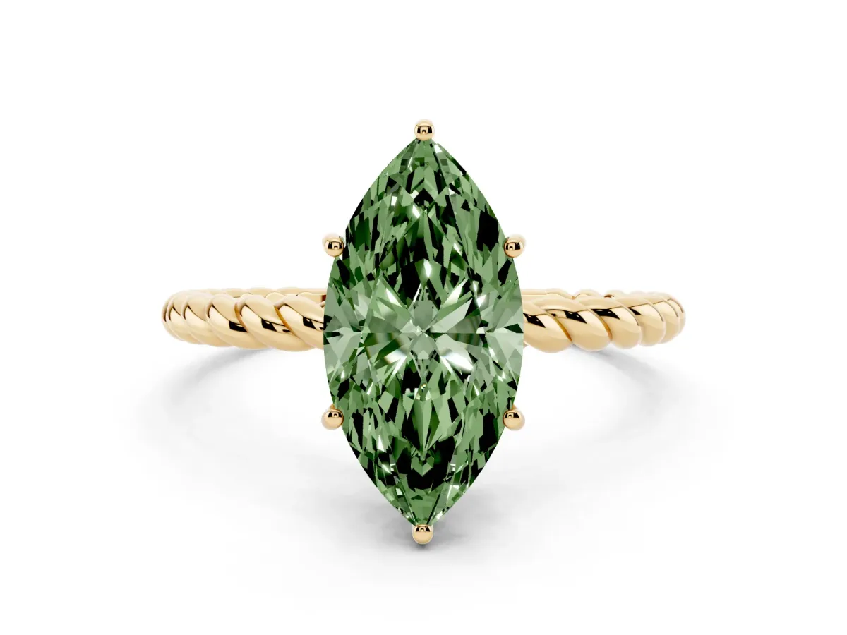 Fancy Green Marquise Cut Solitaire Twist Band Ring with Four-Prong Setting Yellow gold