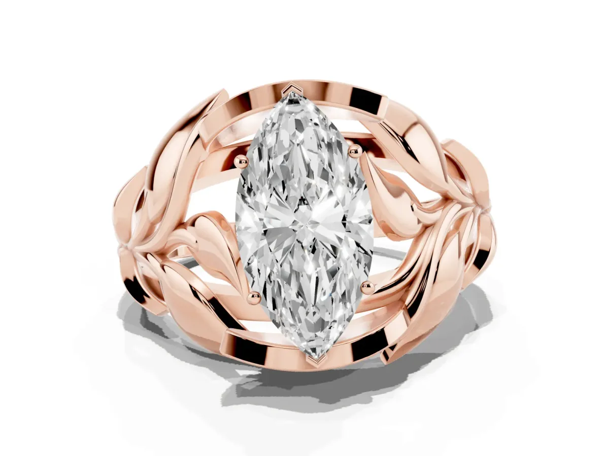 Marquise Cut Diamond Leaf-Inspired Engagement Ring with Round Accents and Prong Setting Rose gold