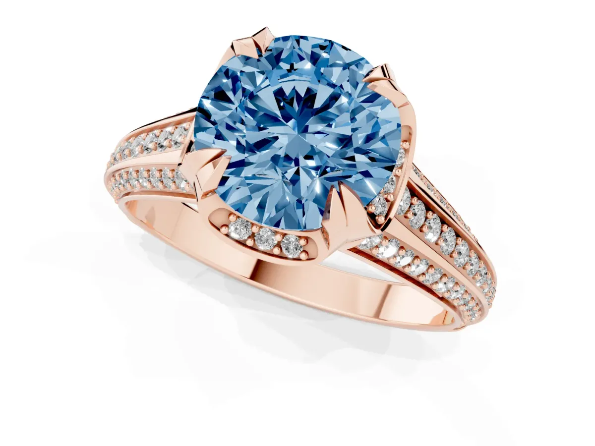Fancy Blue Round Cut Solitaire Pave Split Shank Ring with Four-Prong Setting Rose gold
