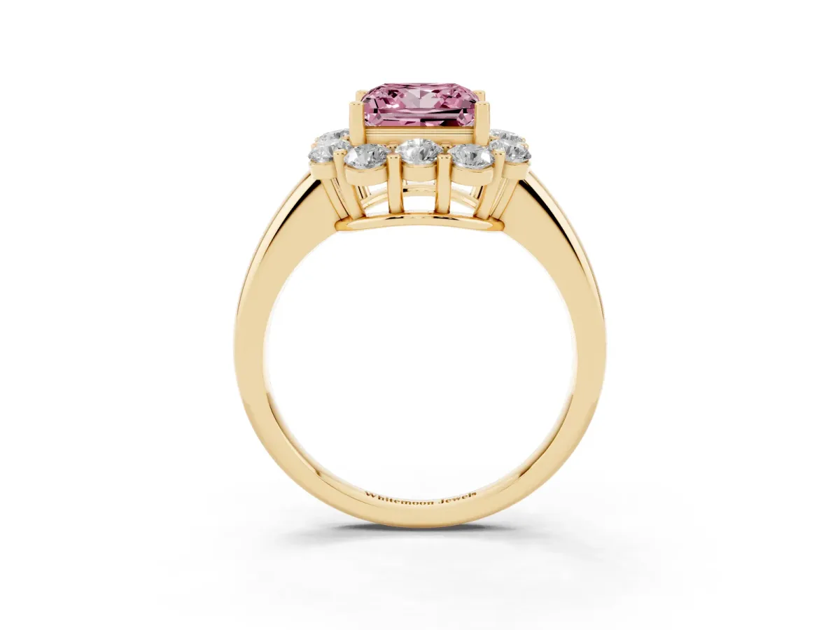 Fancy Pink Princess Cut Halo Milgrain Solitaire with Bezel Set Side Stones and Pave Band Yellow gold
