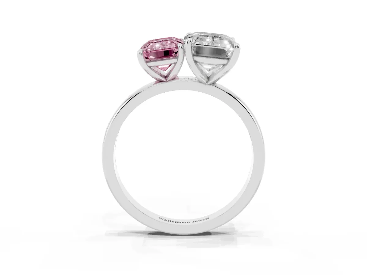 Fancy Pink Emerald Cut and Emerald Cut Toi Moi Ring with Prong Setting Platinum