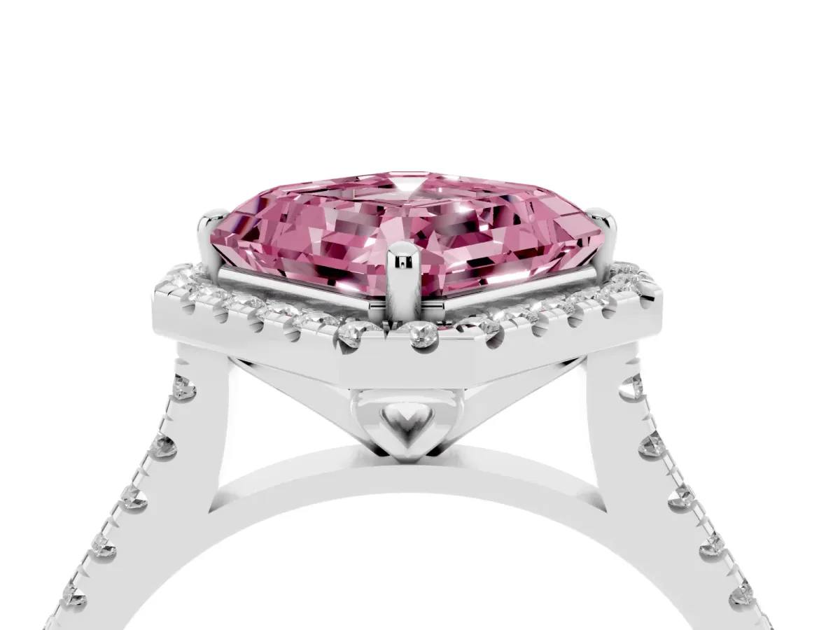 Fancy Pink Asscher Cut Diamond Cushion Halo Ring with Pavé Band Platinum