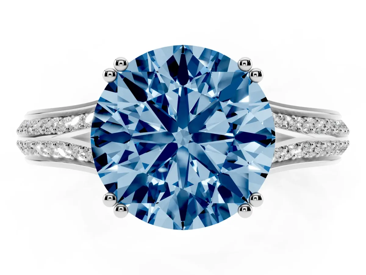 Fancy Blue Round Cut Diamond Split Shank Engagement Ring with Pavé Band Silver