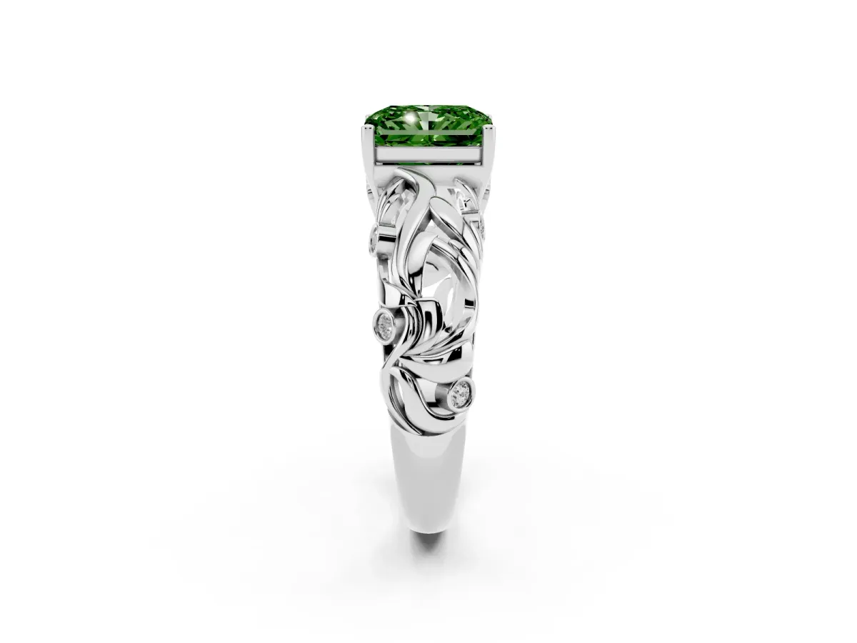 Fancy Green Radiant Cut Solitaire Diamond Leaf-Inspired Vine Band Ring with Prong Setting Silver