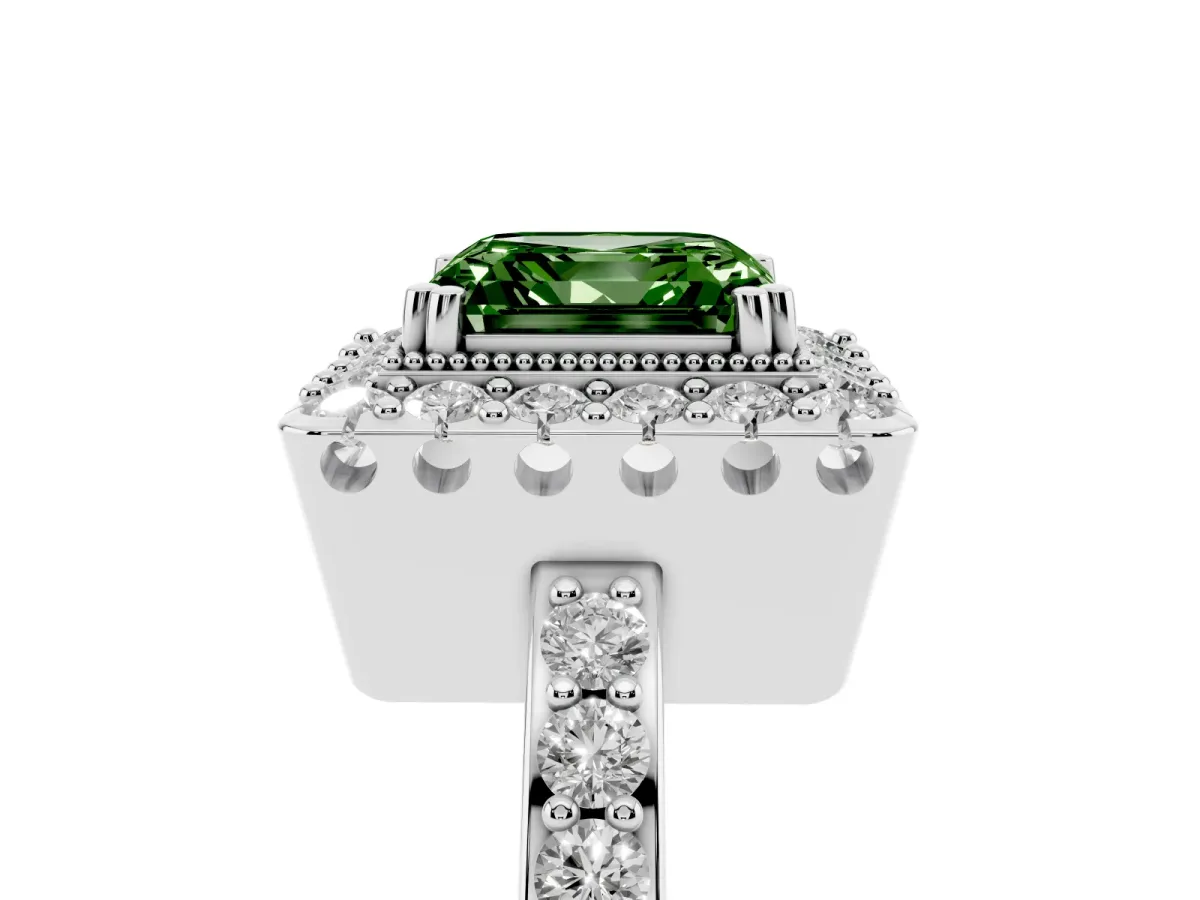 Fancy Green Asscher Cut Diamond Halo Ring with Pavé Band and Prong Setting White gold