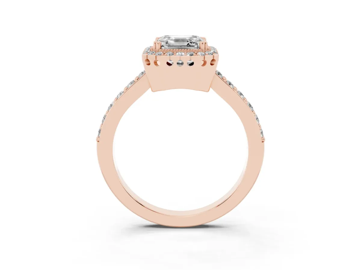 Asscher Cut Cut Diamond Halo Engagement Ring with Milgrain Detail and Pavé Band Rose gold