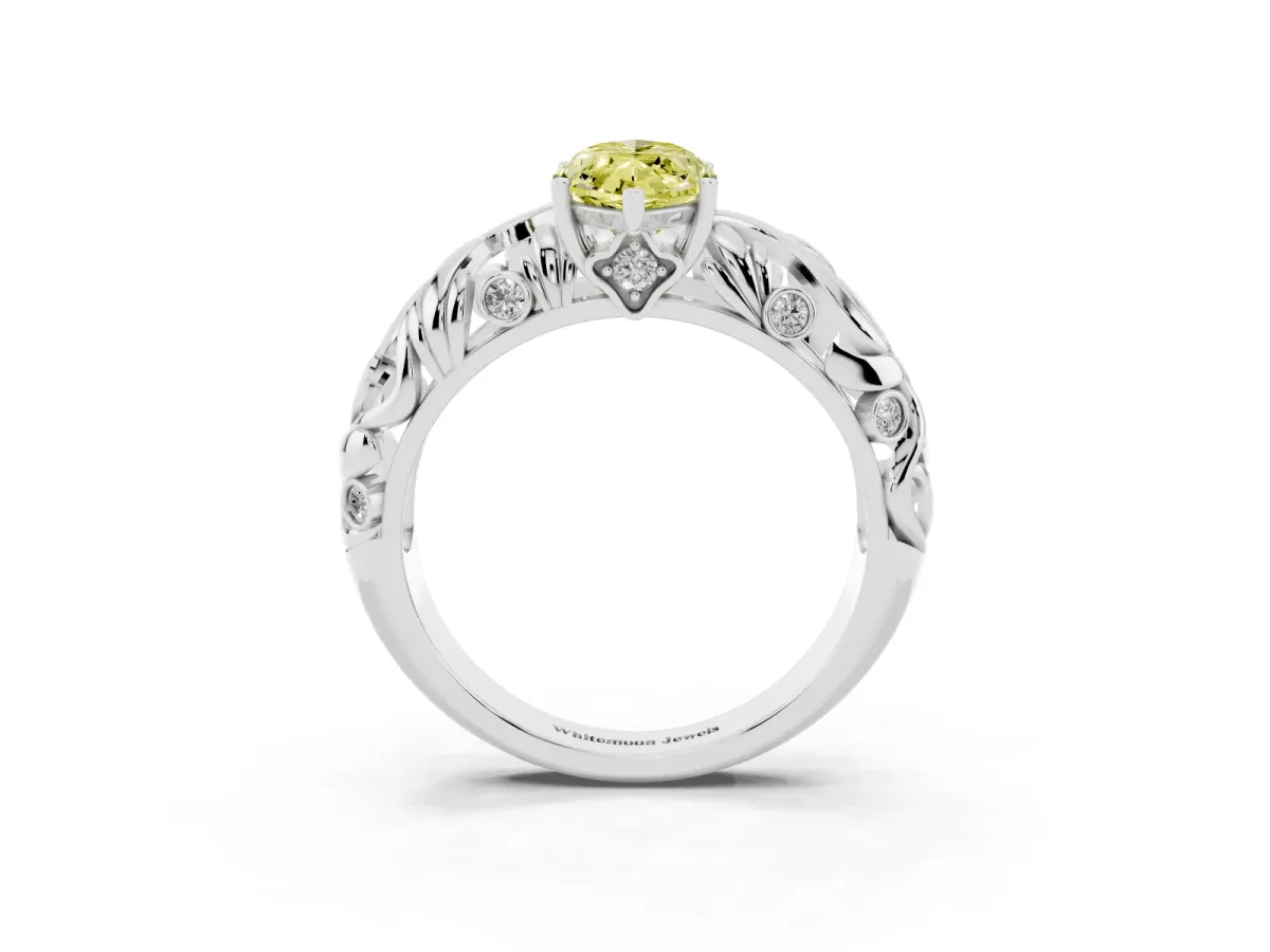 Fancy Yellow Marquise Cut Solitaire Diamond Leaf-Inspired Vine Band Ring with Prong Setting Silver
